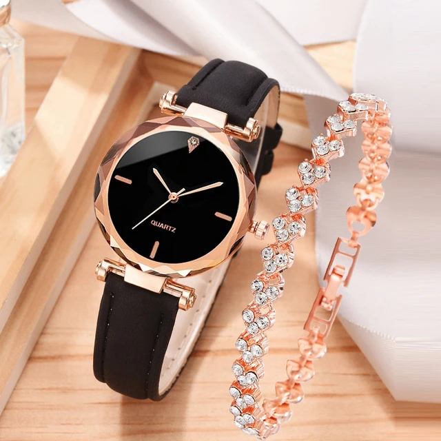 2pcs Luxury Fashion Women Watch Set PU Leather Strap Ladies Quartz Wristwatch Rhinestone RoseGold Alloy Bracelet for Ladies Gift 1