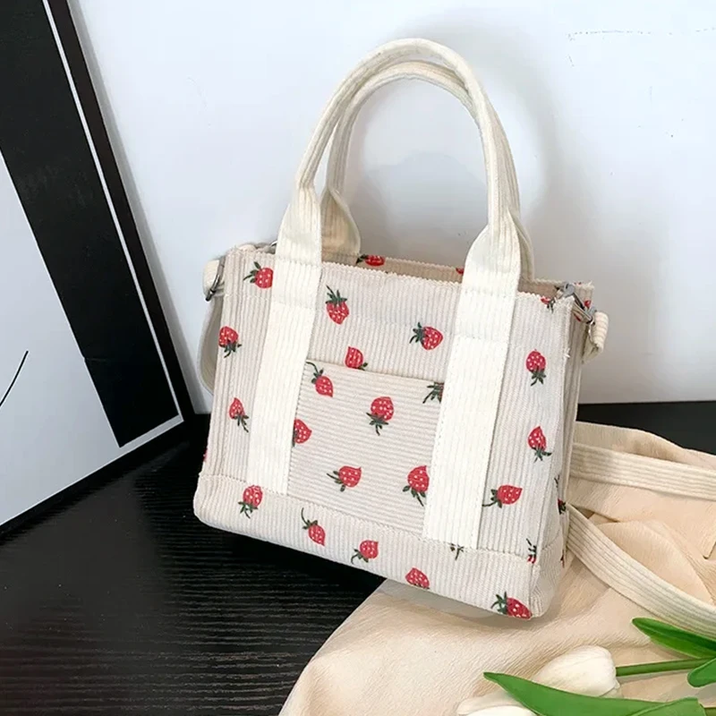 

Cute Strawberry Print BagsCorduroy Tote Bag Small Satchel Bag for Women Crossbody Bag Purse with Zipper Casual Hobo Handbag