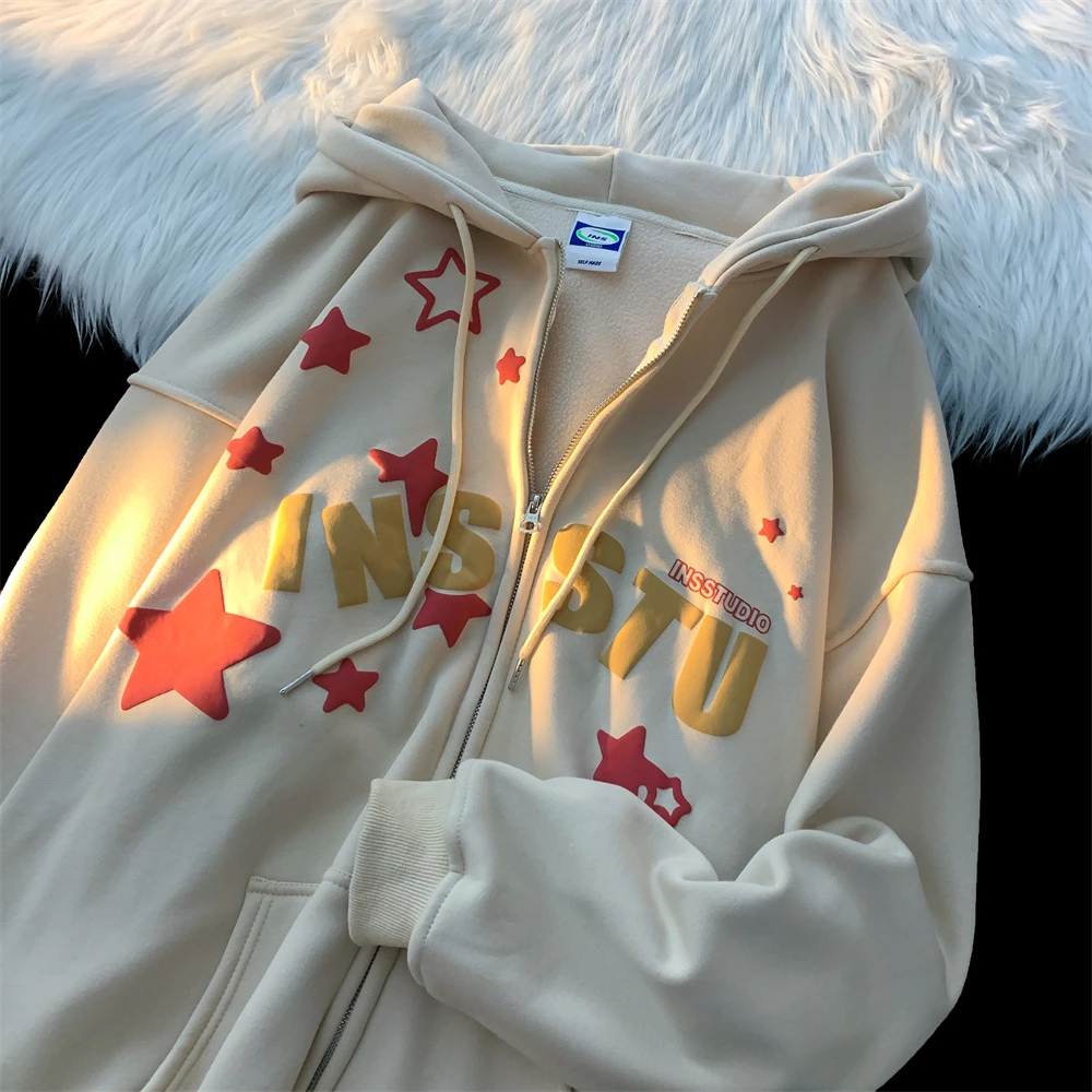 

Aesthetics Vintage Letter Print Hoodies American Streetwear Niche Design Dimensional Foam Star Sweatshirt Y2K Casual Jacket