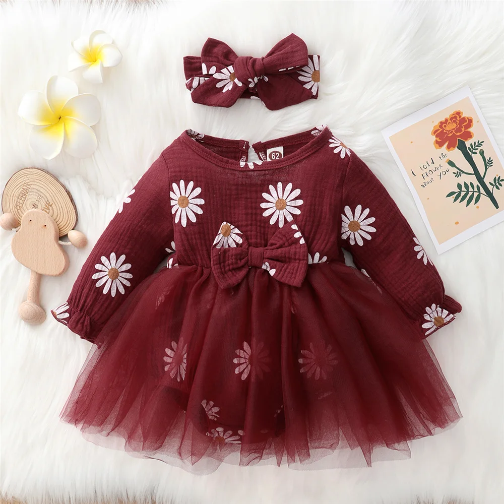 Newborn Baby Girl Romper Dress Long Sleeve Flowers Print Tulle Bodysuit