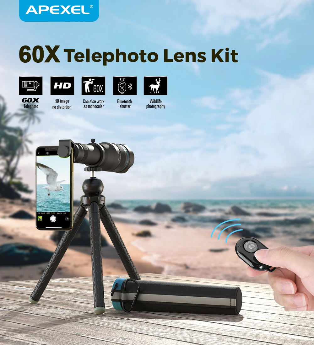 

Optional HD 60X metal telescope telephoto lens monocular mobile lens+ extendable tripod for iPhone Huawei all Smartphones