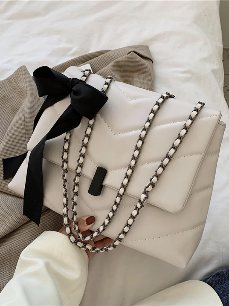Bolso cuadrado pequeño con lazo informal, bolso de hombro con cadena para mujer, bolso cruzado para niña, bolso con lazo y bufanda, material de PU.