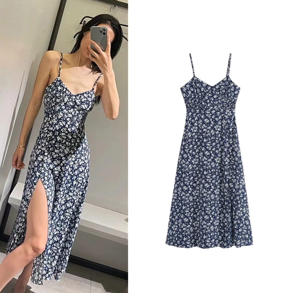 

BSK&TRAF 2024 new European and American sexy V-neck elastic thin suspenders flower print midi dress 2157054