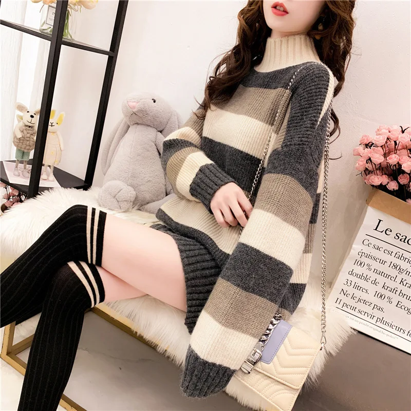 Half Turtleneck Sweater for Women Loose Mid-length Thickened Sweater Pullover Fashionable and Versatile Bottoming Skirt Dresses 5