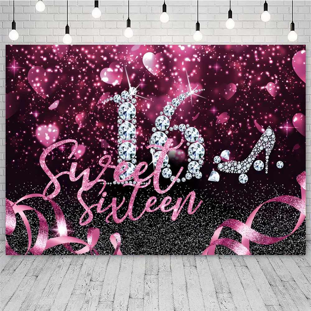 Purple Balloon Present Sweet 16 Background for Photography Sixteen Birthday Party Backdrop Decor Props Banner Poster