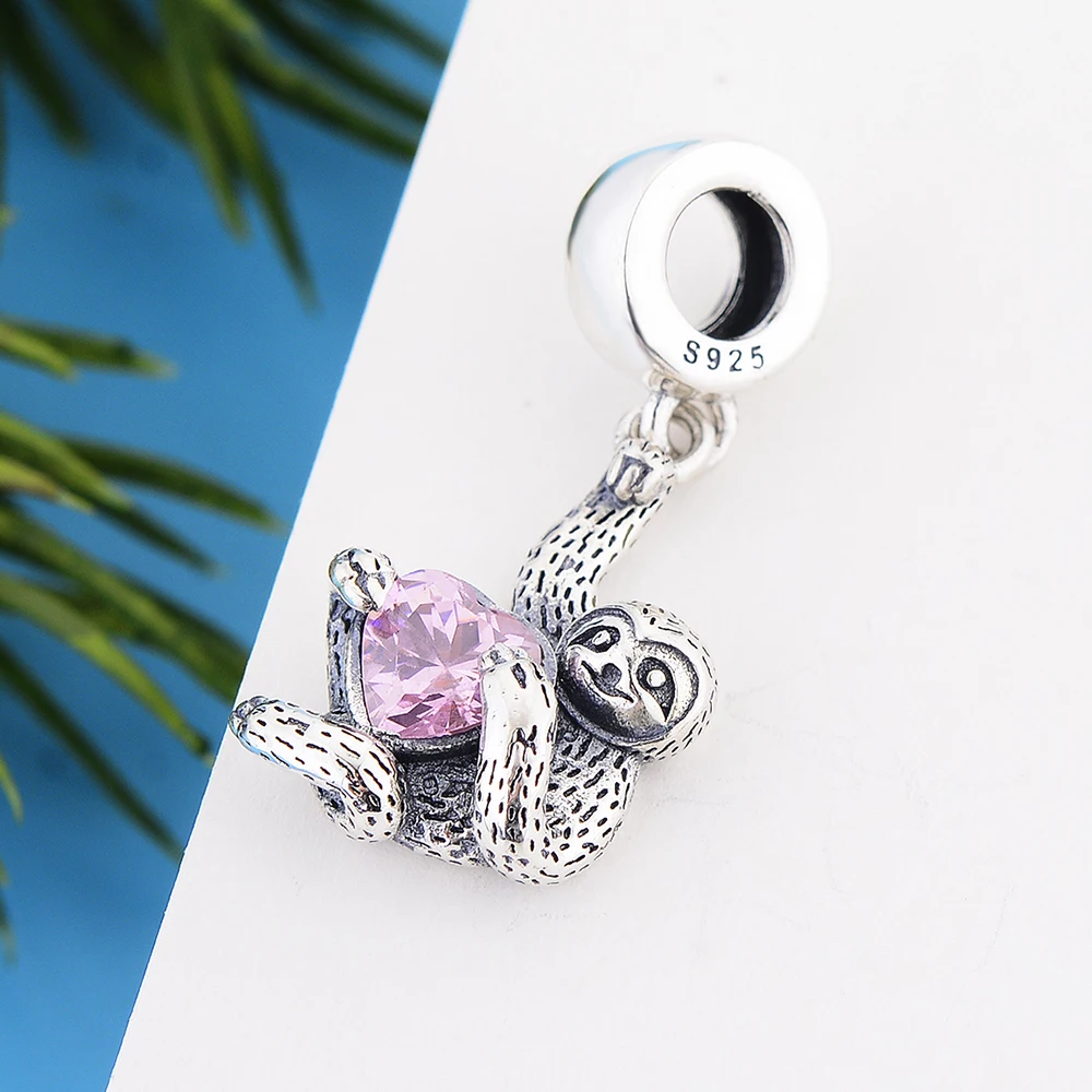 

Fit Original Brand Charm Bracelet 925 Silver Sloth Monkey Pink Heart CZ In Hand Bead For Making Women Mother's Day Berloque