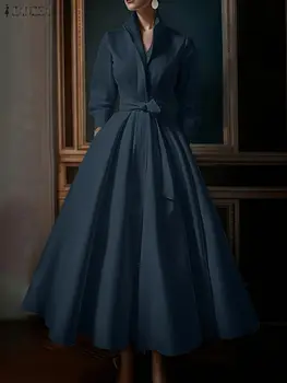 ZANZEA Fashion Women Lapel Neck Long Sleeve Party Dress 2026 Spring Office OL Dresses Belted Robe Solid A Line Waisted Sundress 4