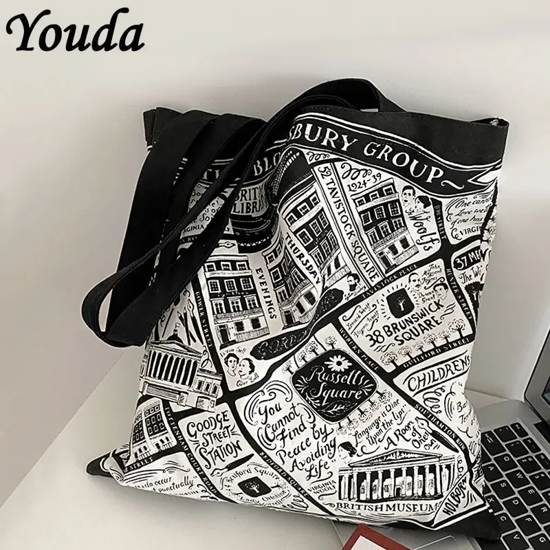 

Youda Vintage Canvas Shopping Bags 2022 Eco Reusable Foldable Shoulder Bag Large Handbag Fabric Cotton for Women Shopping Totes