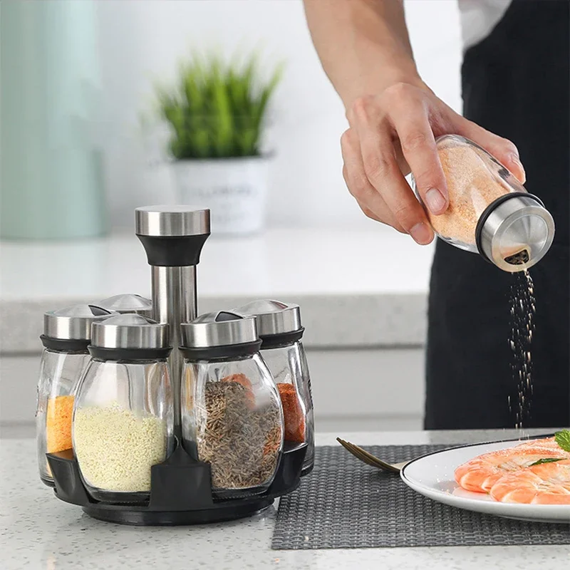New Seasoning Bottle Jar Rotating Base Seasoning Bottle 7-piece Kitchen Supplies Jar Combination Set Spice Organizer