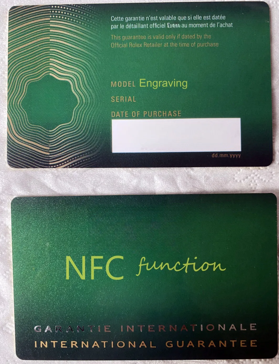 Top Supplier Green NFC Custom Watch Warranty Card Luxury Brand Super Quality Customization Watches Accessories Paprers with UV