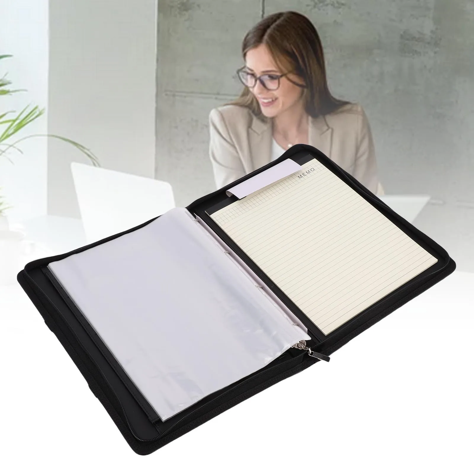 PU Leather Portfolio with Zipper 10 File Pockets 30 Sheets Notebook 4 Rings Binder A4 Document Organizer 10.1 Inch Tablet Cover