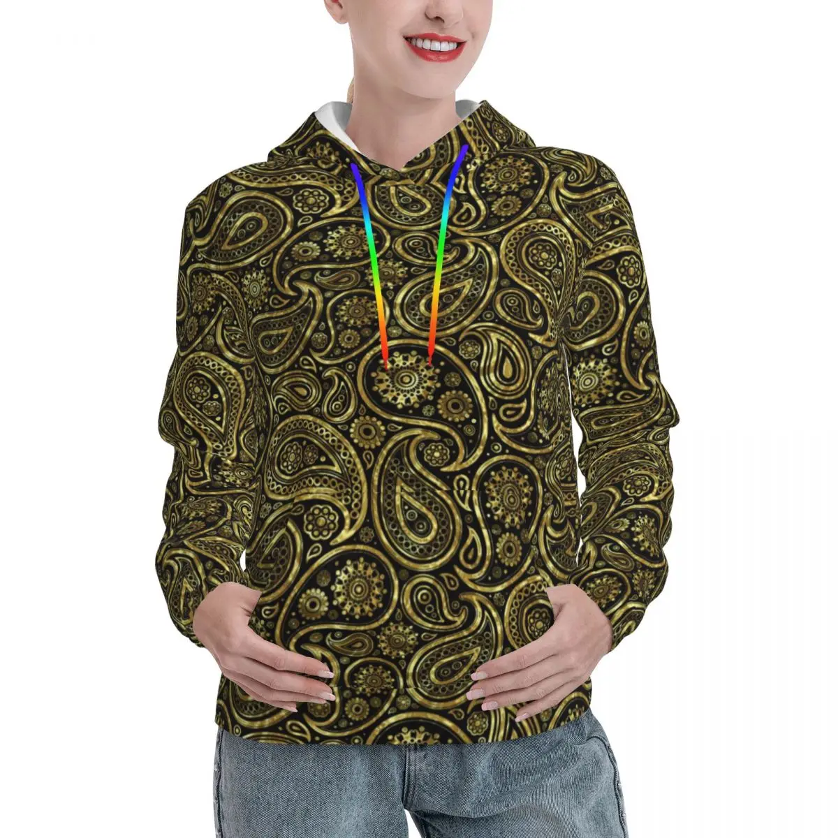 

Gold Paisley Print Casual Hoodies Womens Vintage Floral Retro Pullover Hoodie Autumn Outerwear Design Sweatshirts Oversize Top