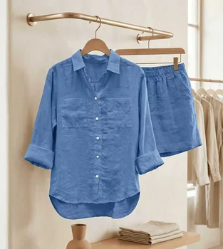Summer Autumn Cotton Linen Casual Home 2 Piece Set For Women Fashion Long Sleeve Shirt And Shorts Two Piece Sets Tracksuit