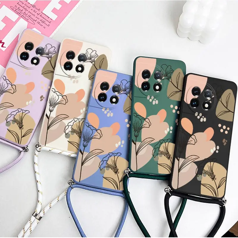 Elegant Artistic Line Flowers Crossbody Lanyard Silicone Phone Case