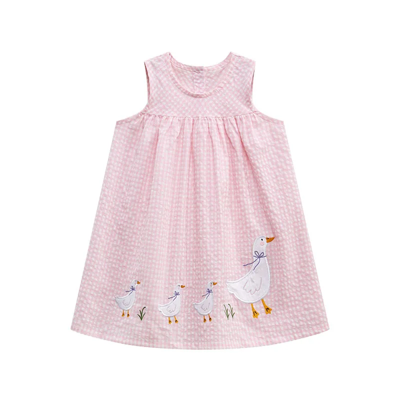 Pink/Blue Kids Clothes Summer Lattice Dress Baby Girls Clothes Cartoon Ducks Dresses Children's Clothing Vestidos Cotton