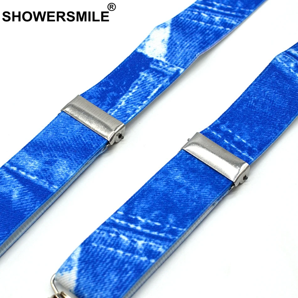 SHOWERSMILE Boys Suspenders Print Denim Blue Braces And Bow Tie Set Children Leather 4 Clips Elastic Adjustable Kid Pants Strap