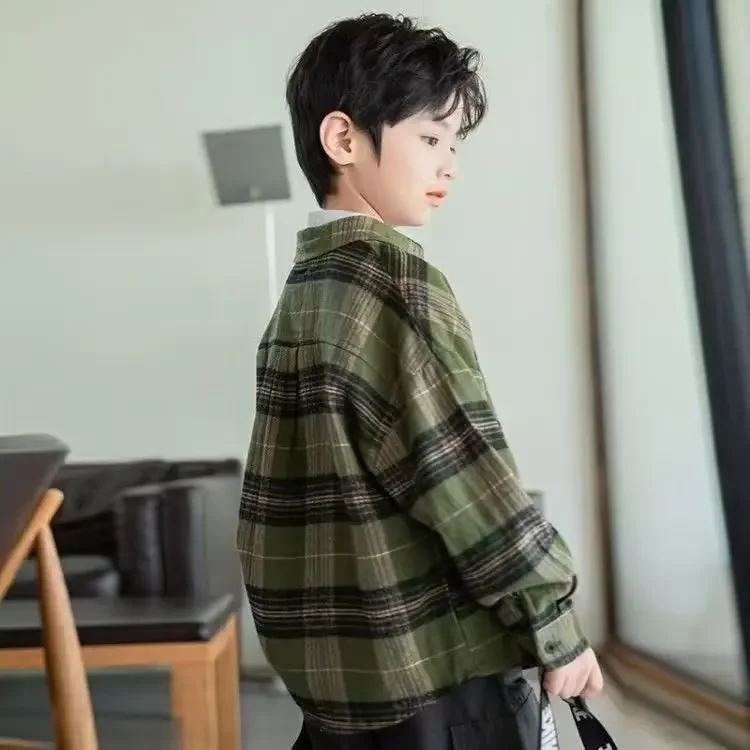 New Spring/Autumn Loose-Fit Trendy Children's Plaid Shirt Long Sleeve For Boys Fashionable Chinese Style Top