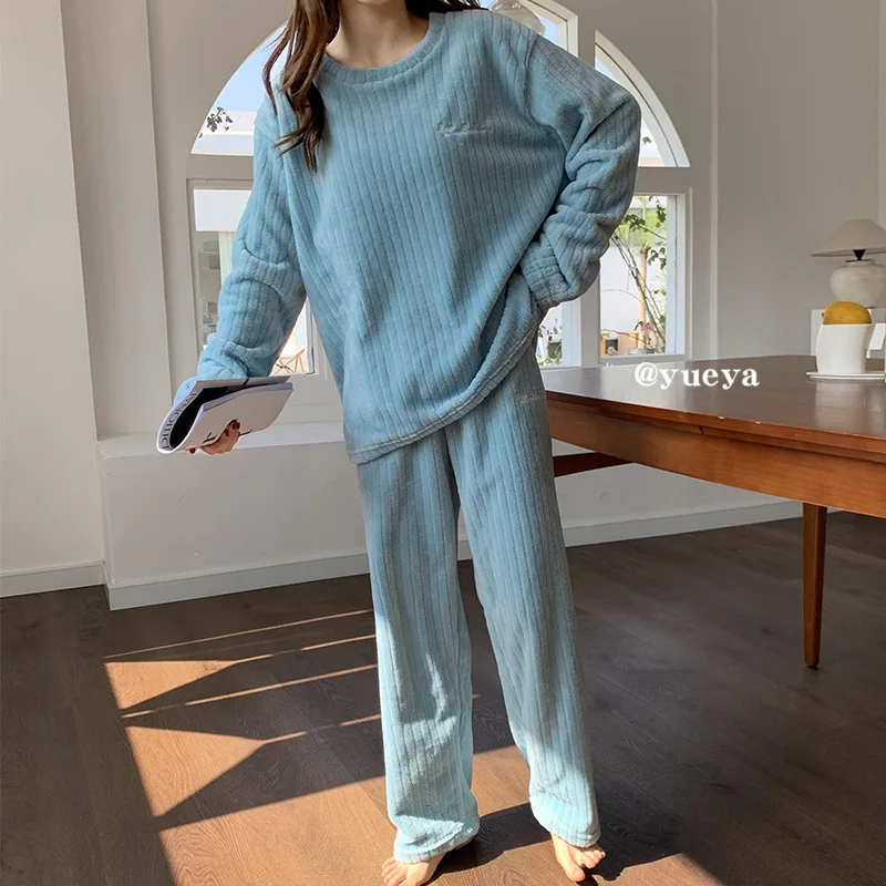 Autumn and winter flannel pajamas women's two-piece coral fleece homewear new loose casual women's striped simple pajamas women pajamas set