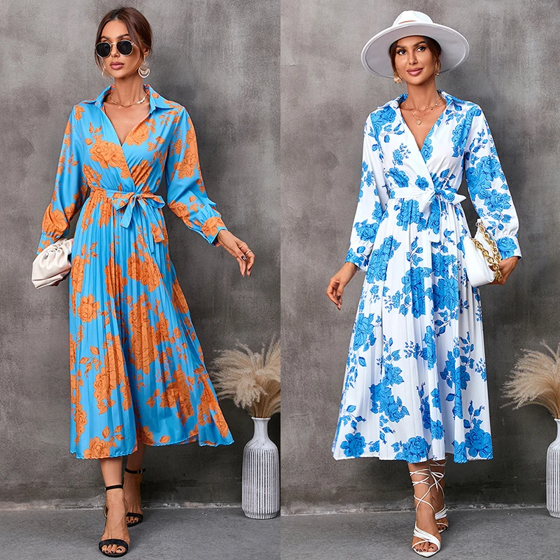 

Elegant Office Pleated Shirt Long Dress for Women Casual Fashion Flowers Print Belt V-Neck Long Sleeve Party Maxi Midi Dress
