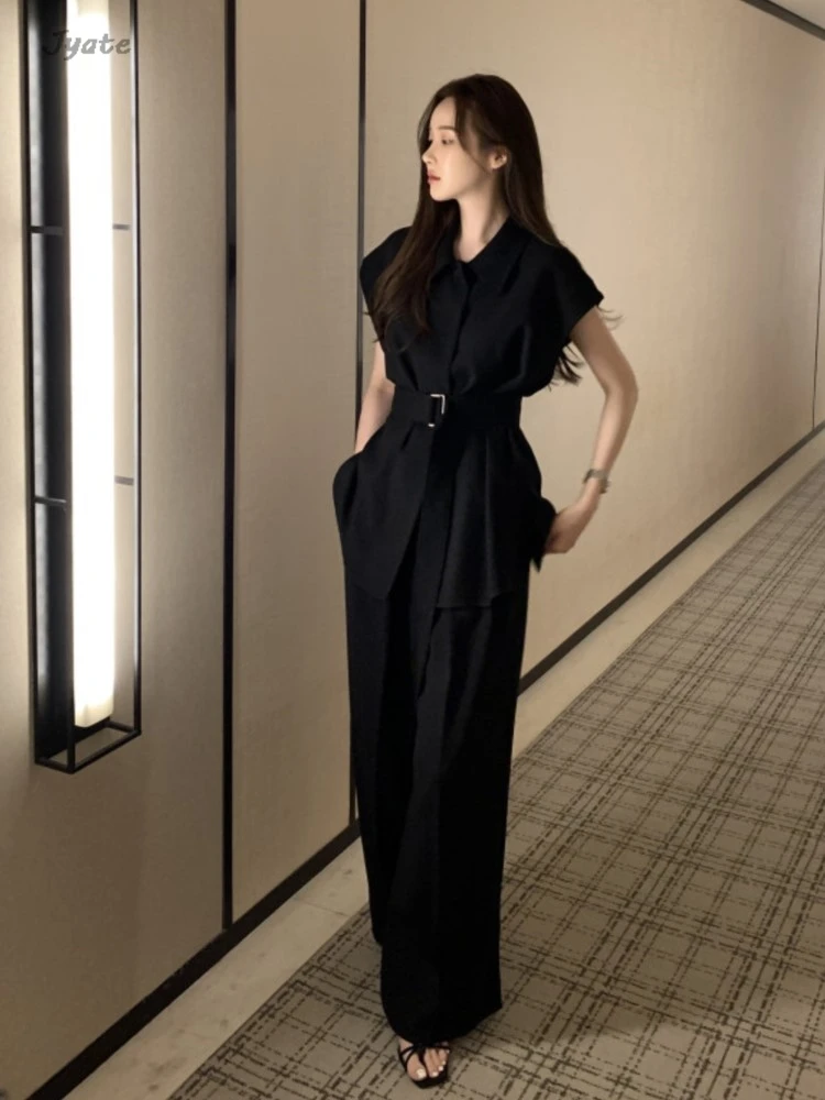 Office Lady Fashion Lapel T-shirts + Wide Leg Pant Sets Loose Short Sleeve Belted Tops High Waist Straight Trouser Women Outfits