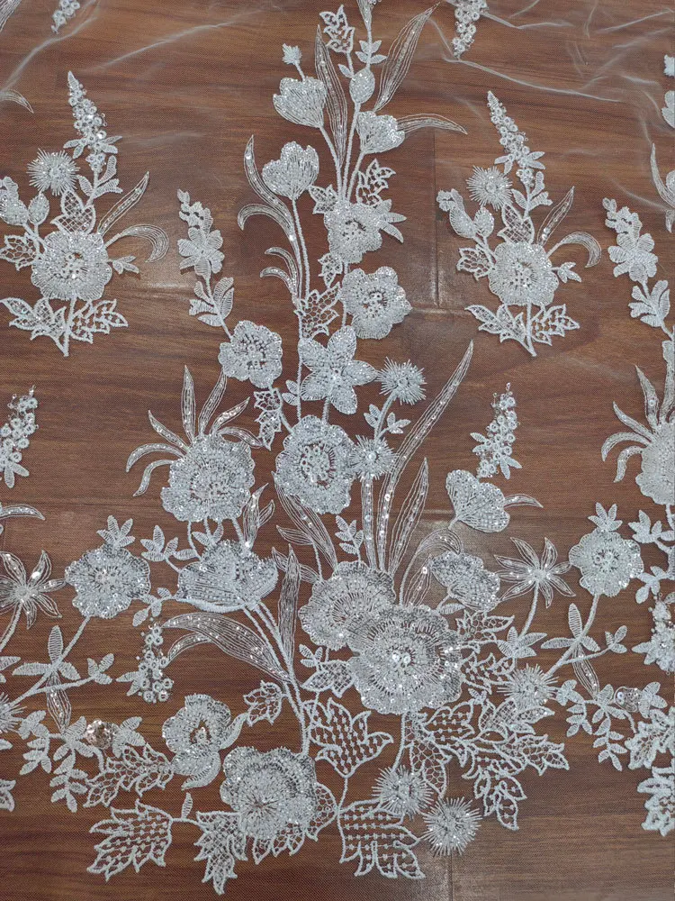 High Quality Embroidery Leaf White Bead Sequin Mesh Wedding Dress DIY Lace Fabric Clothing Accessories