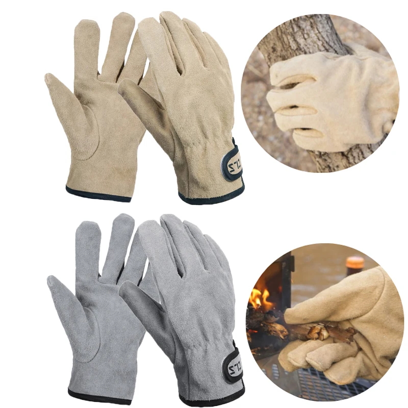 

Outdoor BBQ Gloves Two Layers Leather Fire Heat Resistant Kitchen Cooking Oven Mitts Anti Slip Hard Wearing Clamping Glove Stove