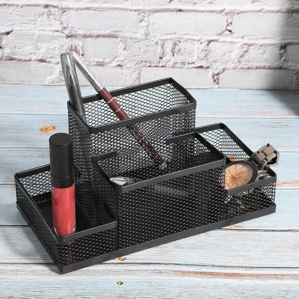 Mesh Desk Organizer Desktop Pen Holder 4 Compartments Metal Stationary Organizer Desk Caddy Office Home Stationery Supplies pen holder,stationery organizer,desktop storage shelf,desktop storage box,desktop storage kit,stationery storage box,storage drawer boxes