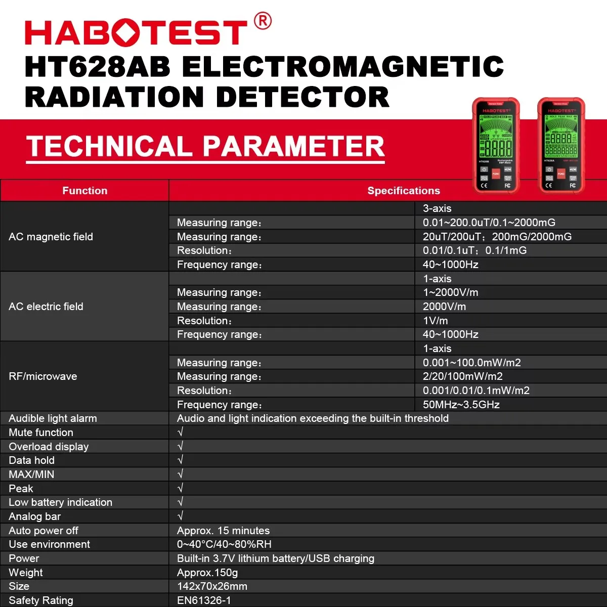 HABOTEST HT628 EMF Meter Electromagnetic Radiation Tester Electric Field Magnetic Field RF Radiation Radio Frequency Detector radiation detector,emf meter tester