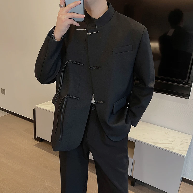 New Chinese Style Men's Clothing Solid Color Metal Buckle Design Suit 2024 Autumn Stand Collar Suit Jacket