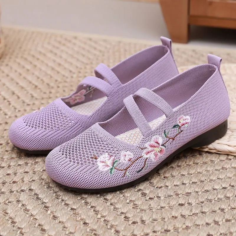 

lilac summer flats mom strapped shoes women's spring embroidered flower loafers ladies mary jane flat shoes ethnic ballet flats