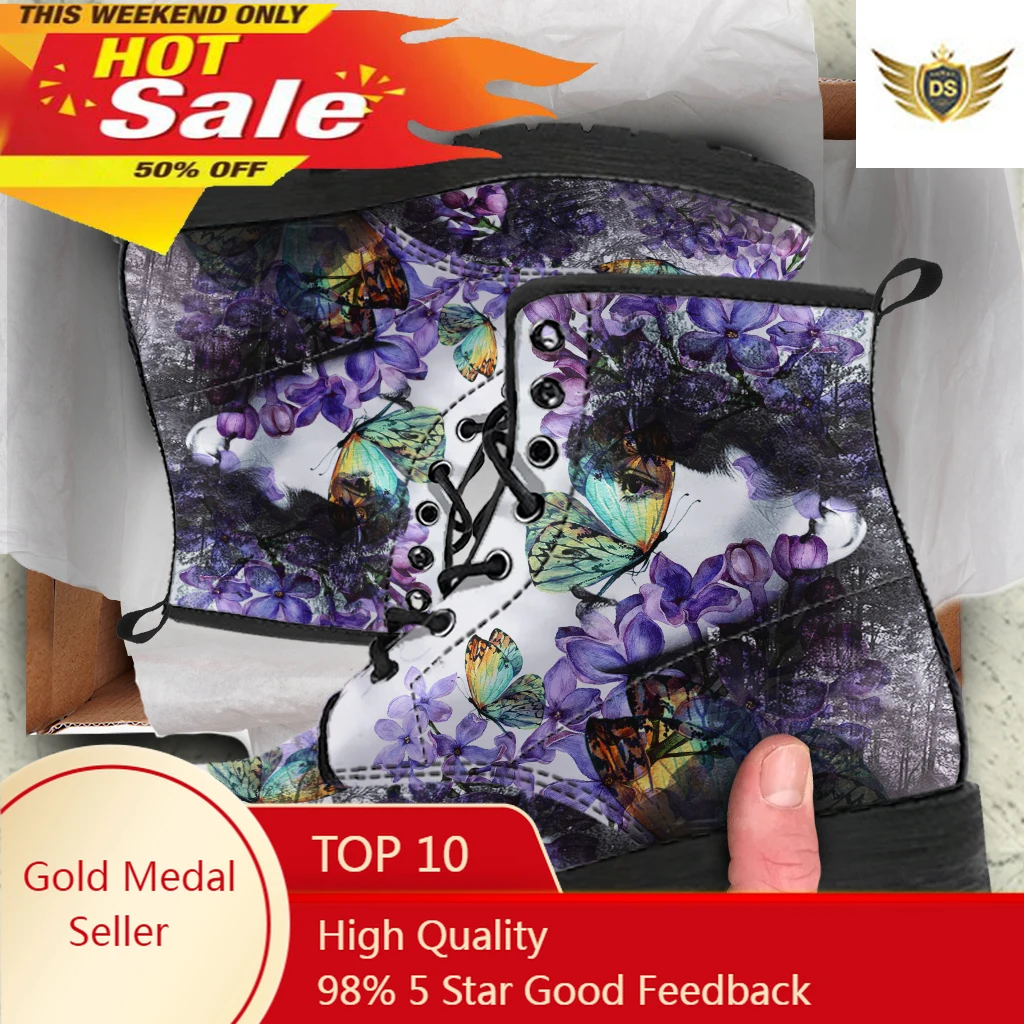 Fashion Flower Butterfly Print Women Ankle Boots Four Season Casual Ankle For Female All-match Ruber Sole Ladies Booties Street