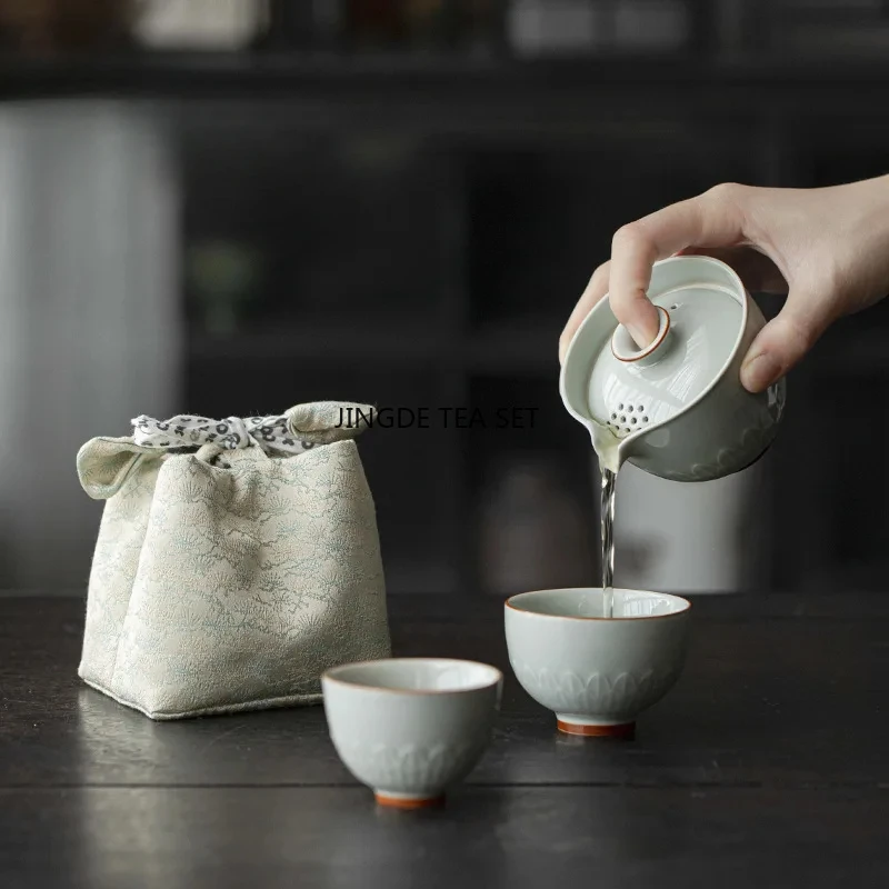 1 bowl 2 cups retro lotus leaf ceramic tea set travel tea art covered bowl kung fu tea set