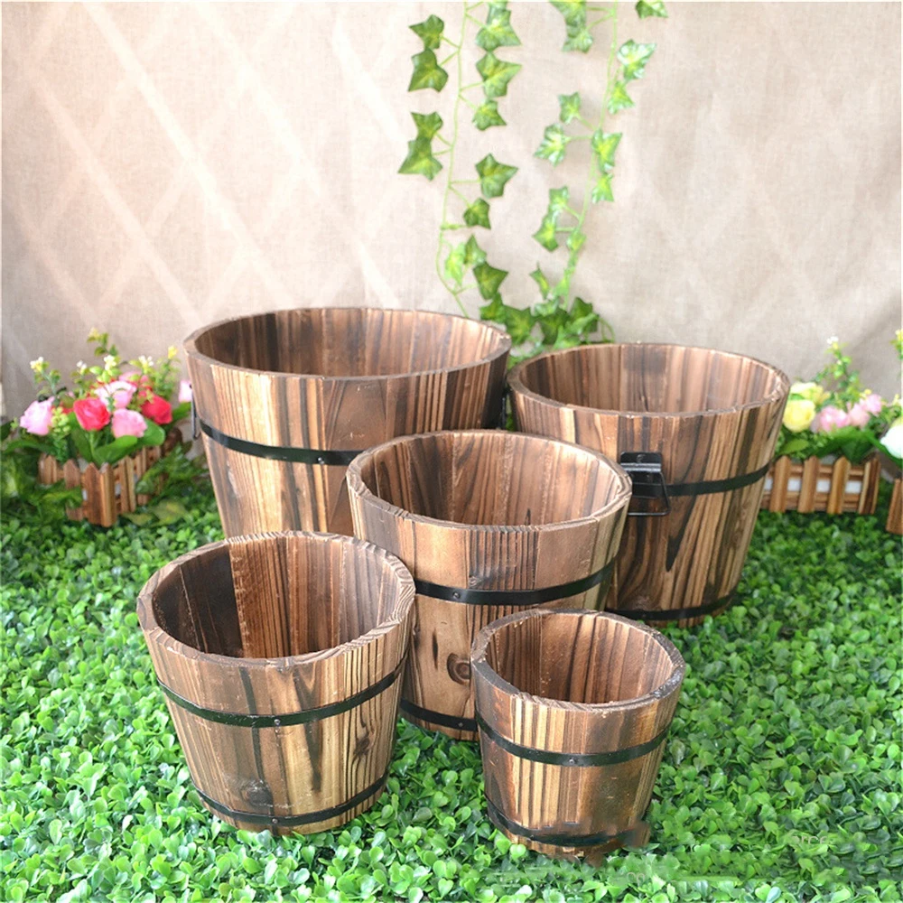 Wood Wooden Round Barrel Planter Flower Pots