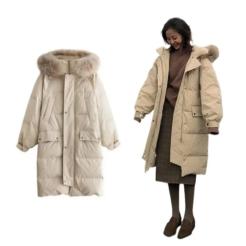 Womens Maternity Thicken Puffer Down Long Snow Coat Winter Down Puffer Coat Warm Windproof Solid Jacket with Fur Trimmed Hood