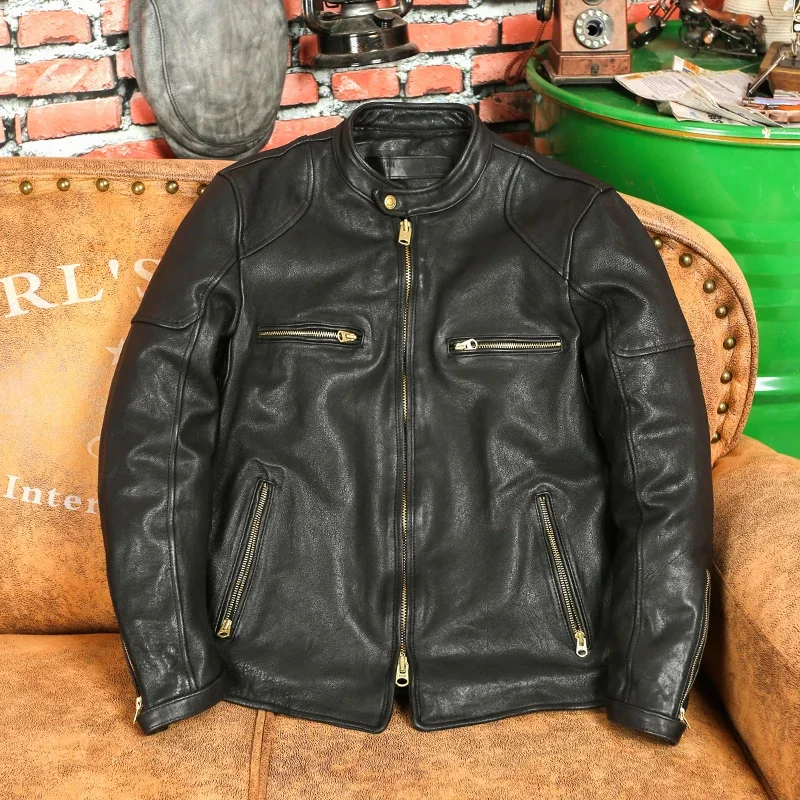 

shipping.Luxury Free tanned sheepskin coat.Brand Men Motor Rider genuine leather jacket.Vintage black short cloth