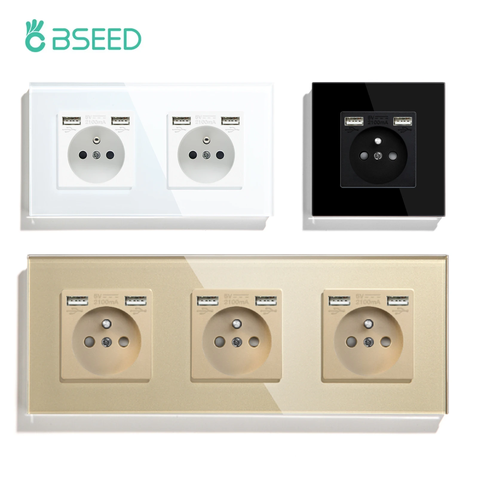 Bseed-francês Usb Tomadas de Parede Dual Usb Porta de Carga do Telefone Tomadas de Energia Painel de Cristal Tomada Elétrica 5v 2.1a 16a