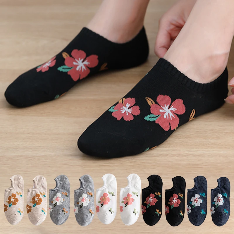 

5 Pairs Women Socks Fashion Flowers Kawaii Breathable Casual Short Sock Trend Casual Sweet Elastic Crew Sox Girls Thin Sokken