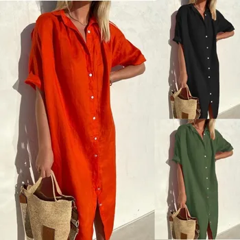 Summer Women's Shirt Dress Short Sleeve Button Cardigan Loose Cotton and Line Blend Pocket Casual Vacation Mid-Long Skirt 1