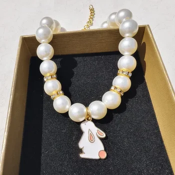 Cute Rabbit Pendant Dog Necklace Fashion Pearl Cat Collar Neck Chain Jewelry Chihuahua Pet Grooming Accessory