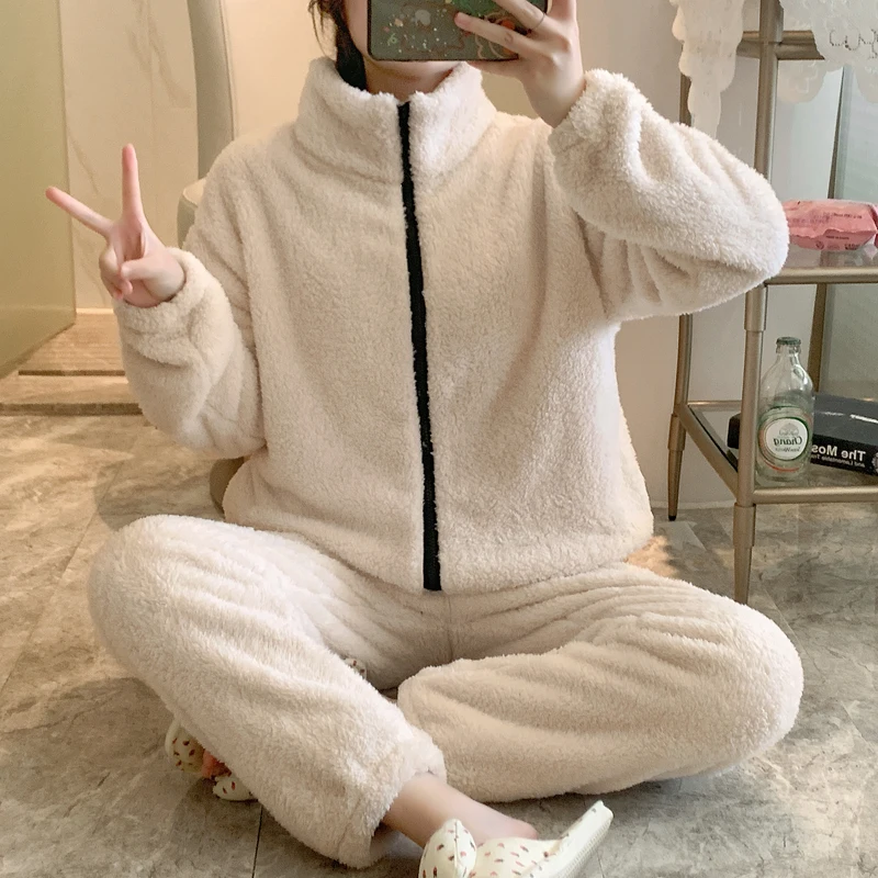 Pajamas Women's Winter New Zipper Cardigan High Collar Printed Flannel Plus Size Loose Set Thickened Coral Velvet Home Suit 5XL