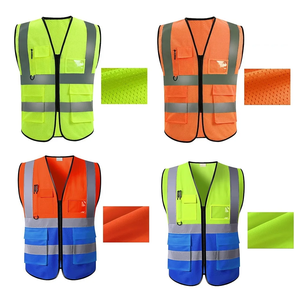 Unisex Summer Safety Vest Security Sleeveless Construction Workwear Zipper Multi-Pockets Running Cycling Work high visibility vest reflective vest safety vest