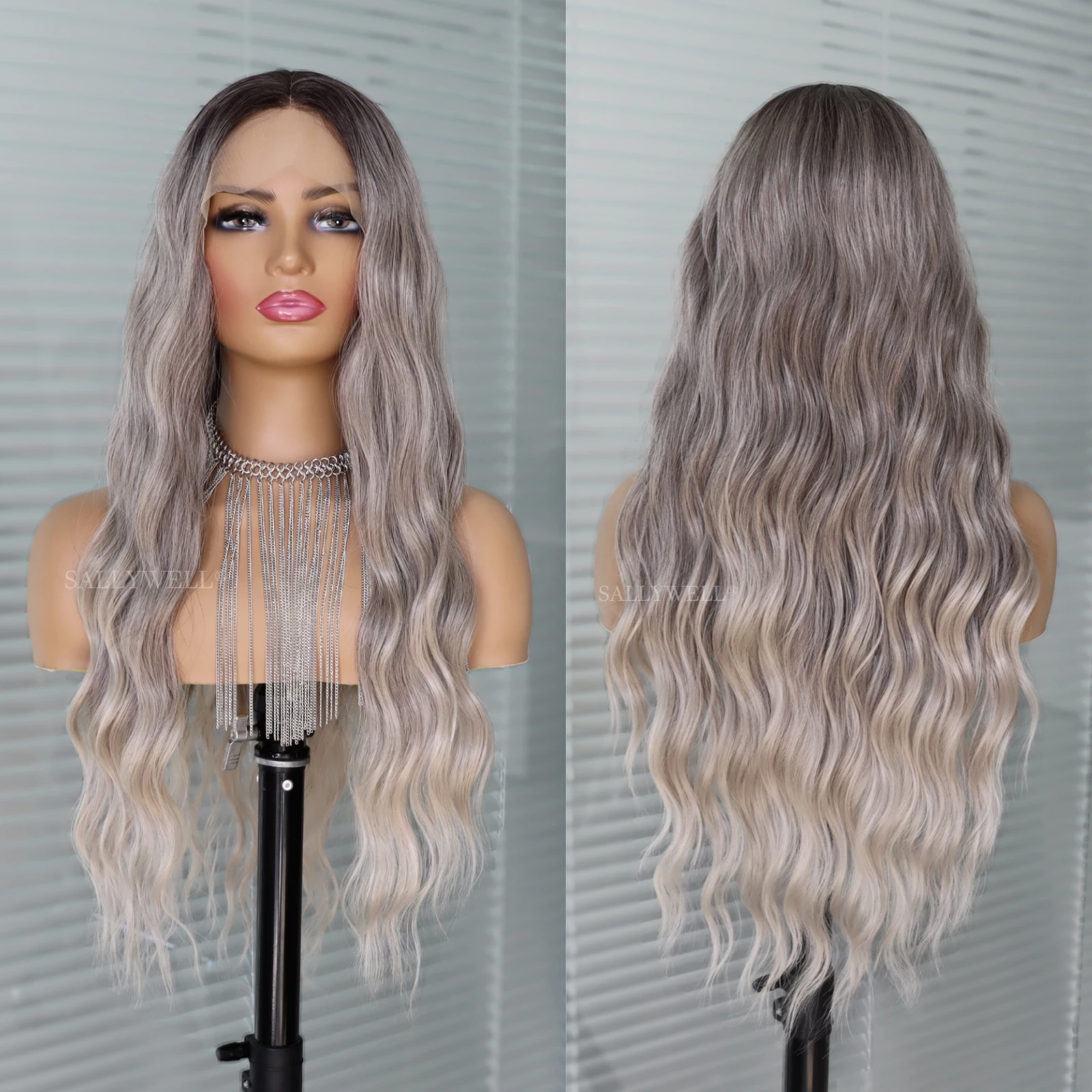 Long Wavy Grey Wig Lace Front Wig Dark Roots Ombre Gray Wig Natural Looking Heat Resistant Fibre Synthetic Wig