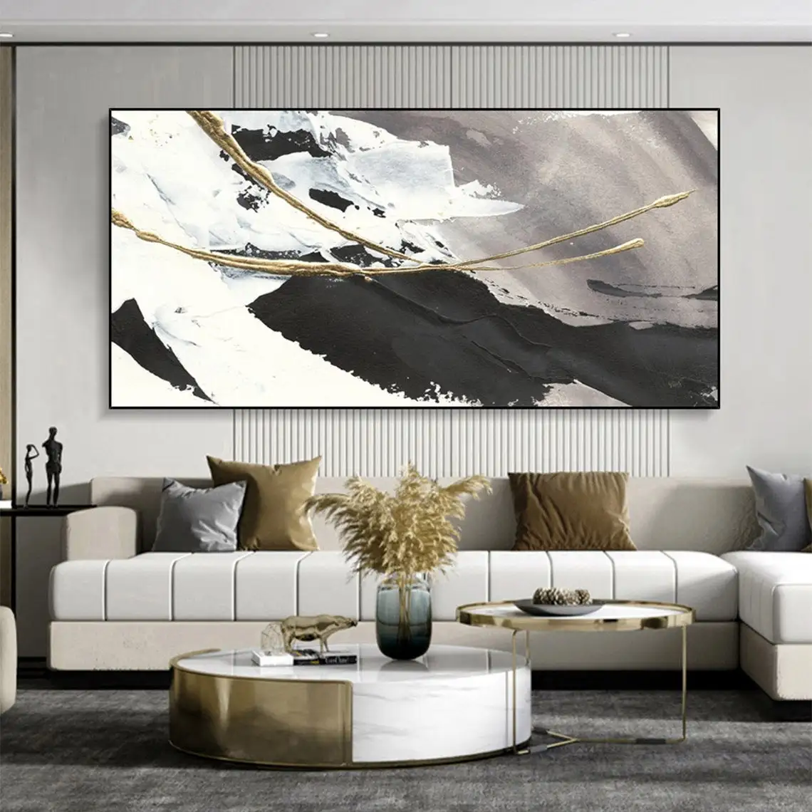 Large Abstract Oil Painting on Canvas Textured Wall Art Gold Foil Black White Acrylic Painting Modern Living Room Home Decor