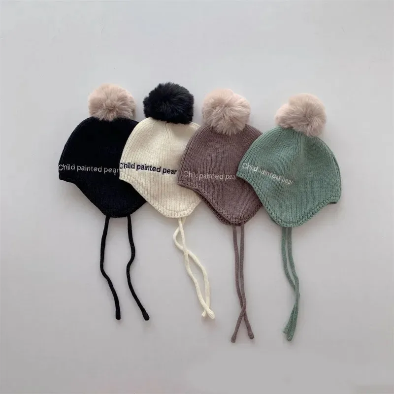 Cute Pom Pom Embroidery Kids Knit Hat 2023 Kids Beanie Cap For Girls Boys Soft Baby Bonnet Cap Newborn Baby Accessories