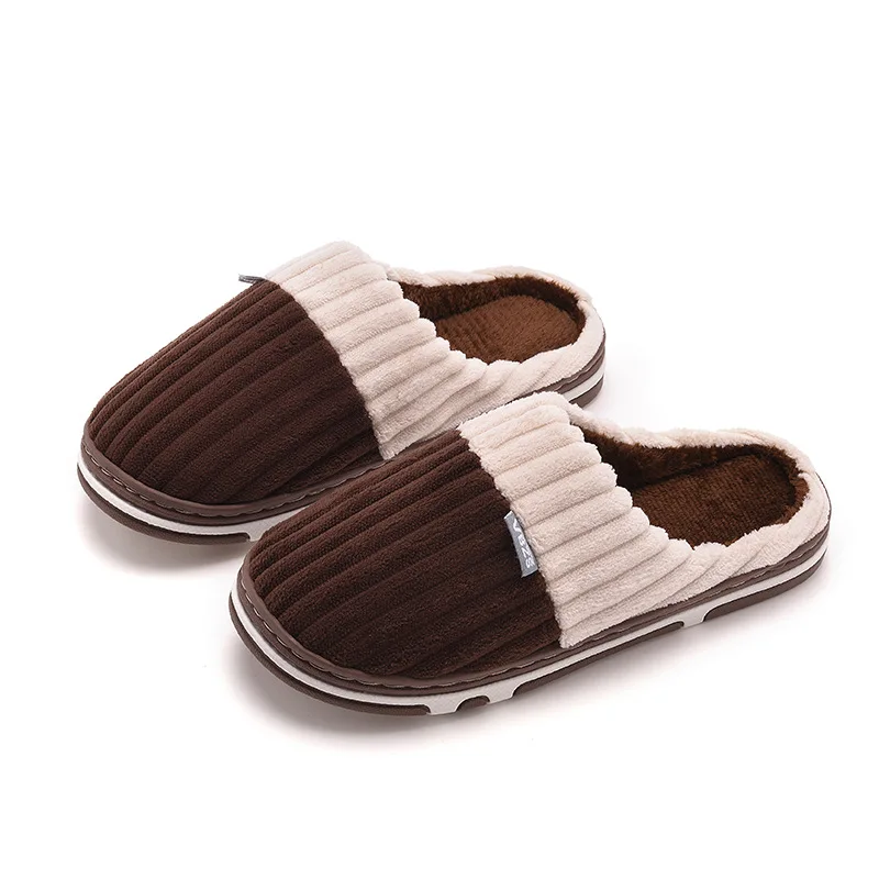 Winter Slippers Stripe Corduroy Warm Cotton Slippers Home Wear-Resistant Non-slip Indoor Slides Couple Women Shoes