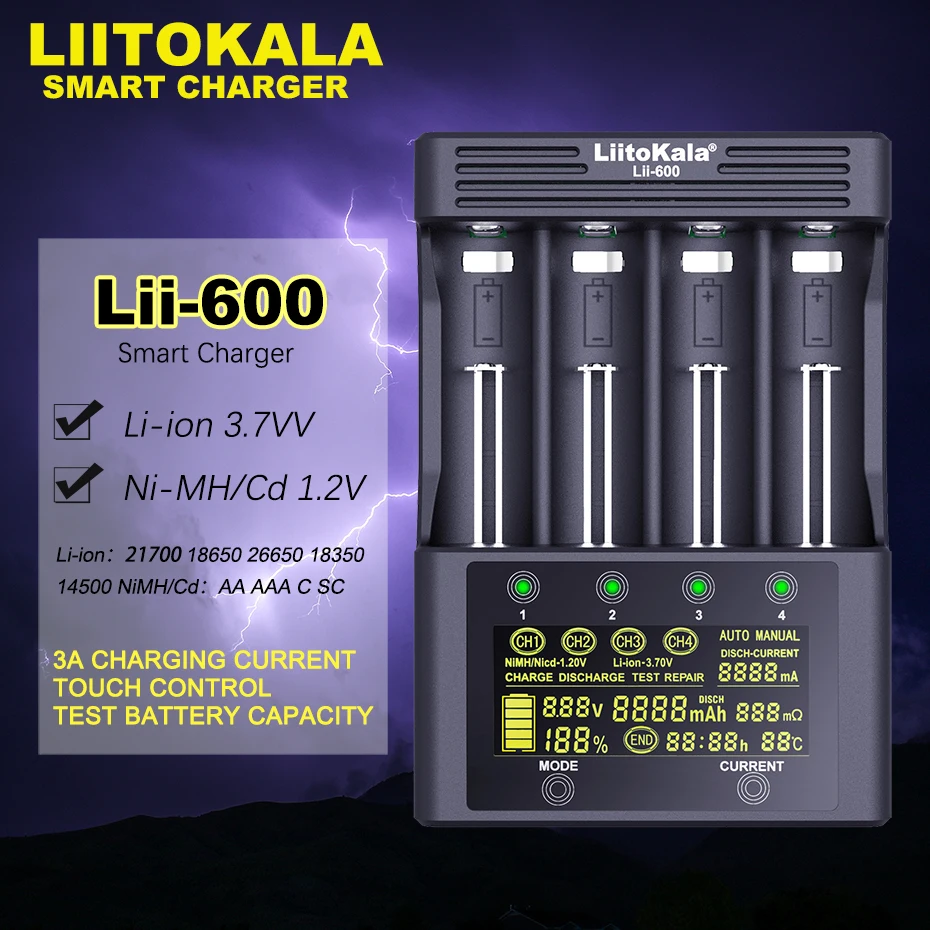LiitoKala Lii-600 Battery Charger Li-ion 3.7V NiMH 1.2V 18650 26650 21700 26700 AA AAA battery charger battery charger adapter