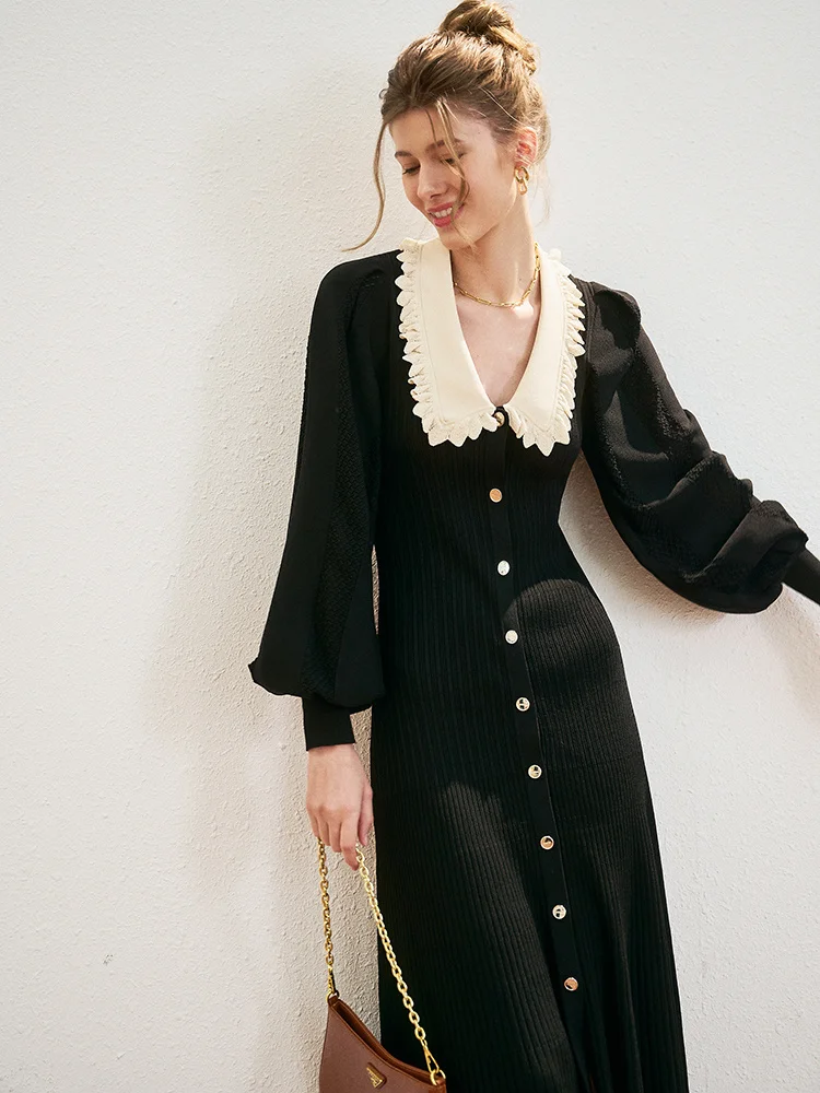 

C Yarn New Contrast Color Doll Neck French Small Fragrance Wrapped Waist Long Sleeve Knitted Dress