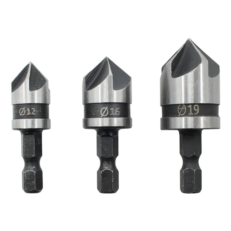 90 Degrees Chamfer Drill Bit 12/16/19mm 5Flute Hex Woodworking Drill Bit Cutter Countersink Drill Bit Set Metal Drilling Brocas