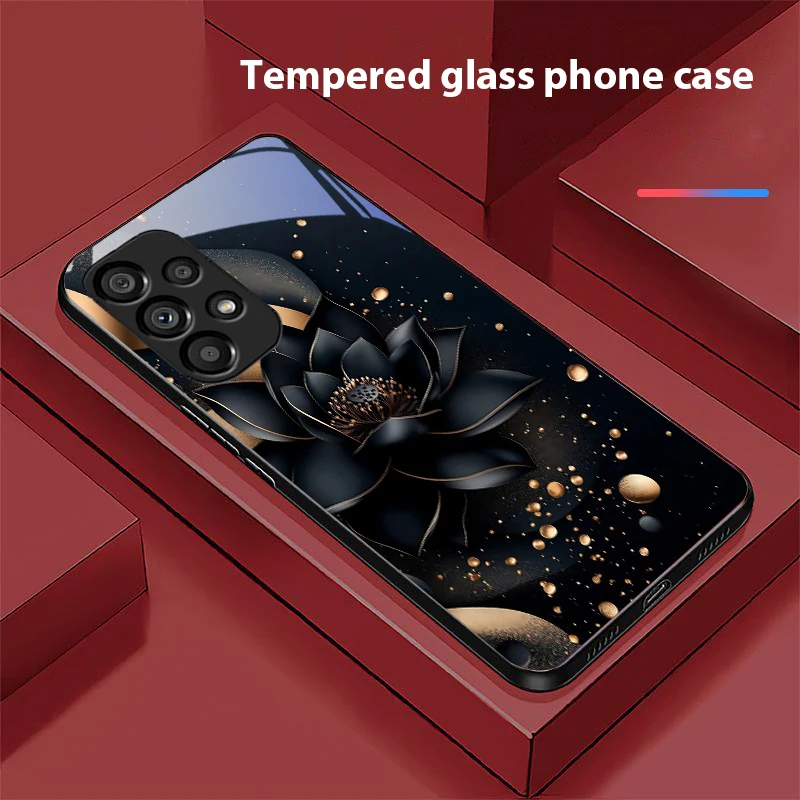 Elegant Black Gold Lotus Totem Glass Phone Case