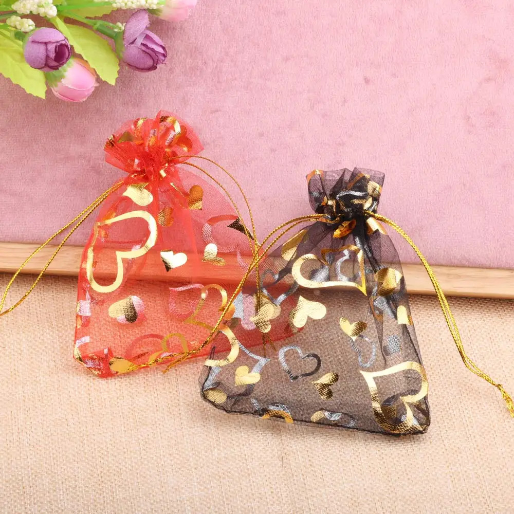 LFPU 50pcs 7x9cm Gold Color Heart Organza Bags Wedding Party Christmas Drawable Packaging Display Bag Candy Jewelry Gift Pouches